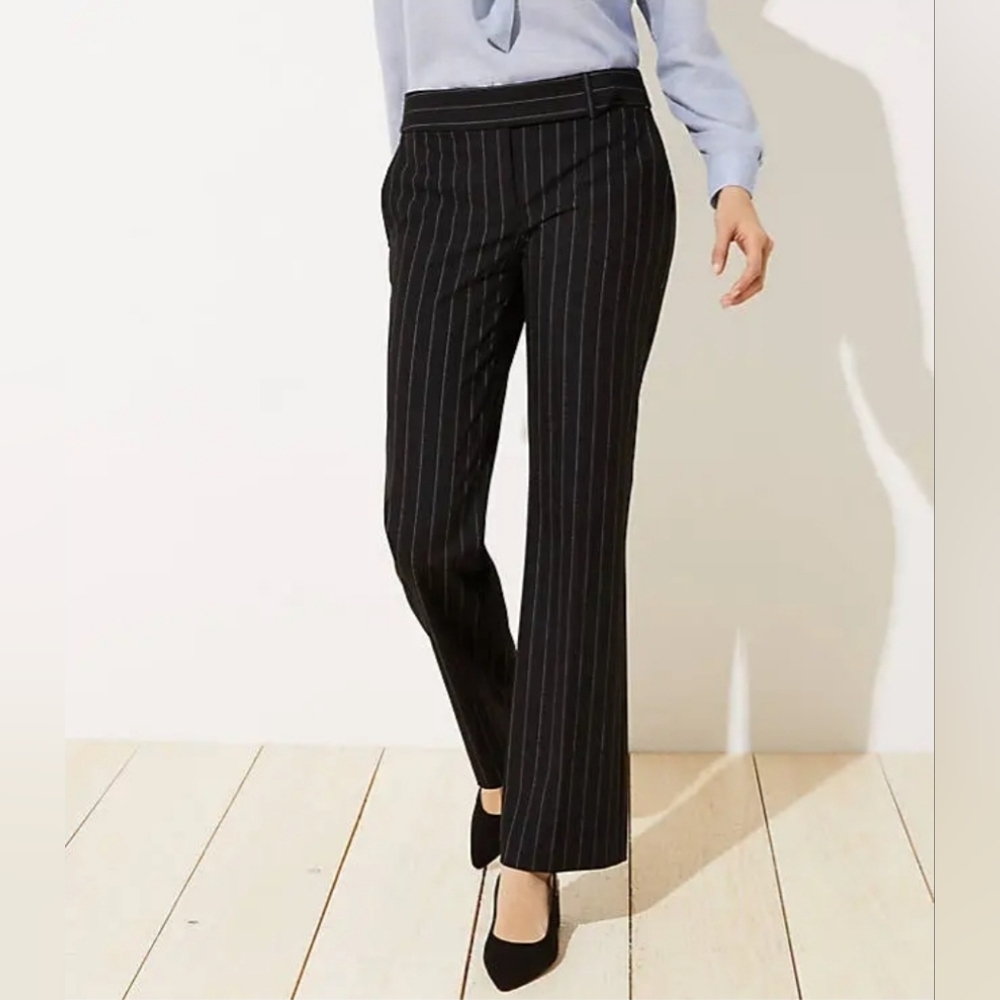 LOFT Marisa Trouser Dress Pants Black‎ Pinstripe 6P Petite Straight Leg 495148